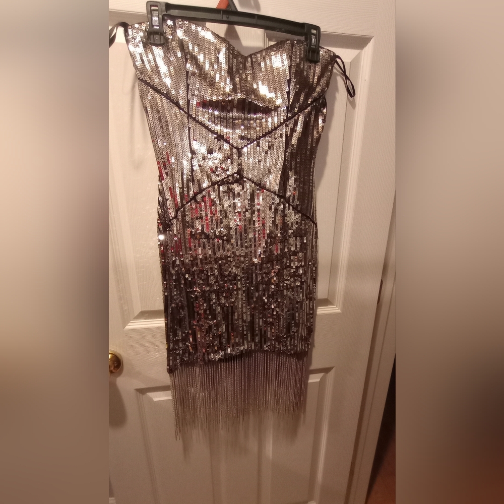 Silver Sequin Fringe Party Dress